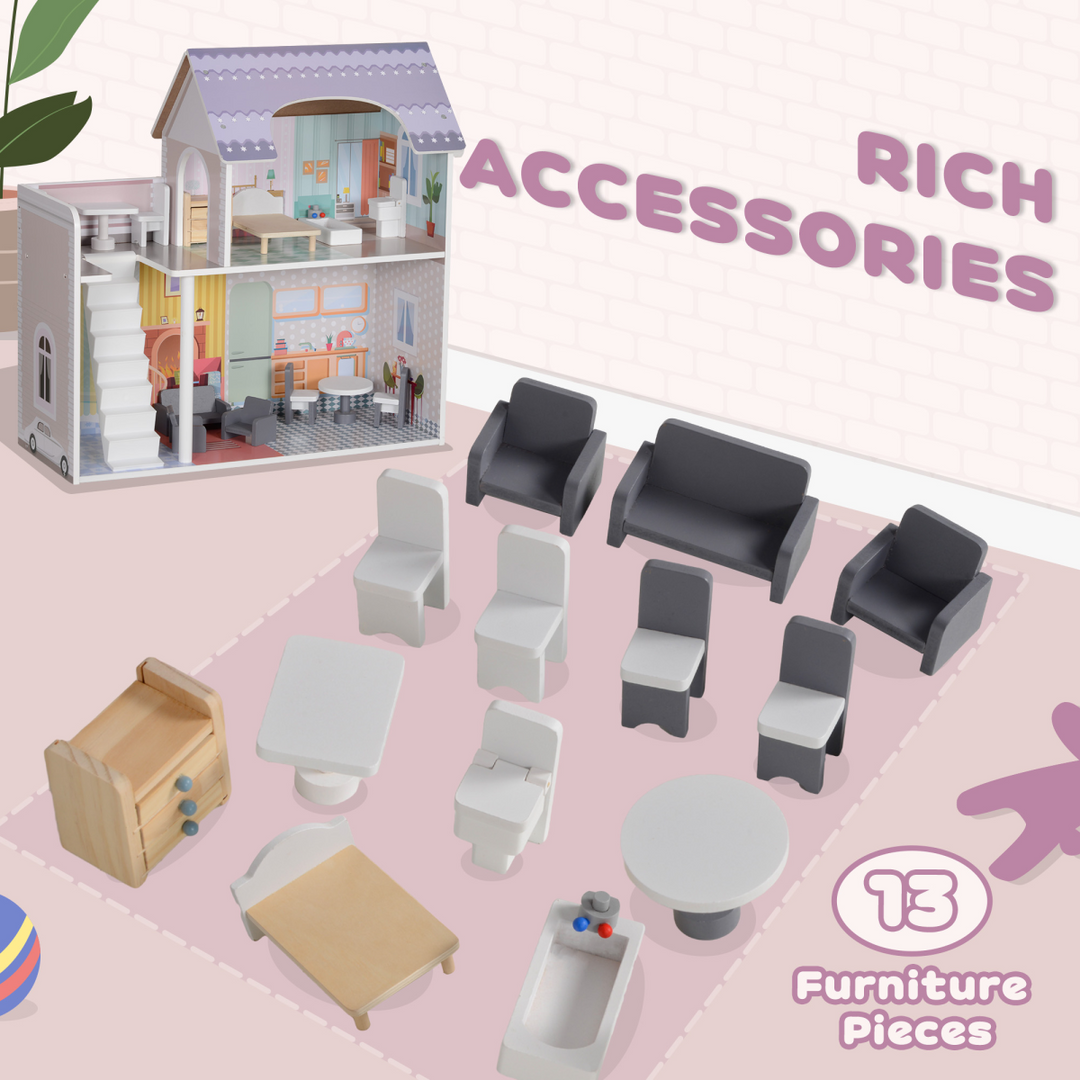 AIYAPLAY 2-Level Dolls House with Balcony &amp; 13 Furniture Pieces – Multicoloured