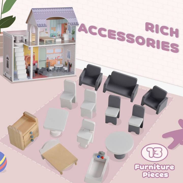 AIYAPLAY 2-Level Dolls House with Balcony &amp; 13 Furniture Pieces – Multicoloured