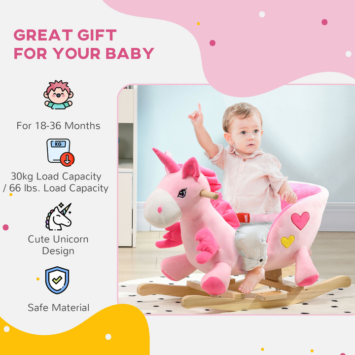 HOMCOM Kids Rocking Unicorn – Pink Plush Ride-On with Music