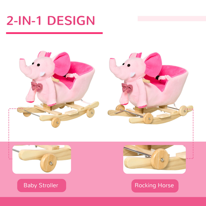 HOMCOM 2-in-1 Plush Elephant Rocker & Ride-On Toy – Pink