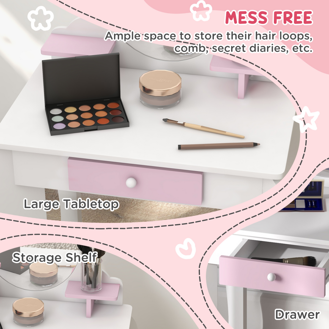 ZONEKIZ Kids Dressing Table & Stool – White & Pink Bunny Vanity Set