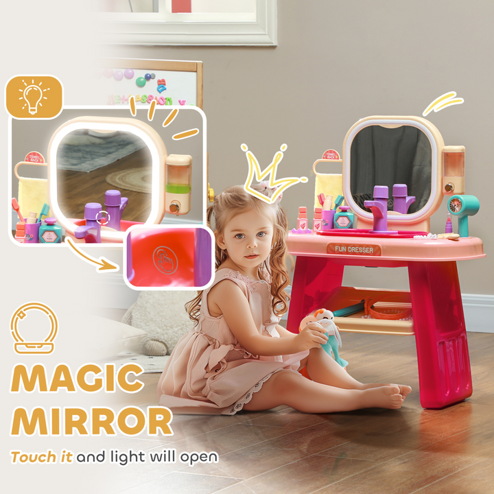AIYAPLAY Kids Dressing Table with LED Mirror & 23 Accessories – Pink
