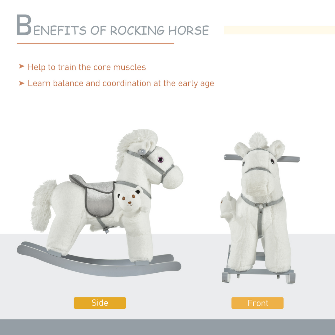 HOMCOM Kids Plush Rocking Horse with Sounds & Teddy – White