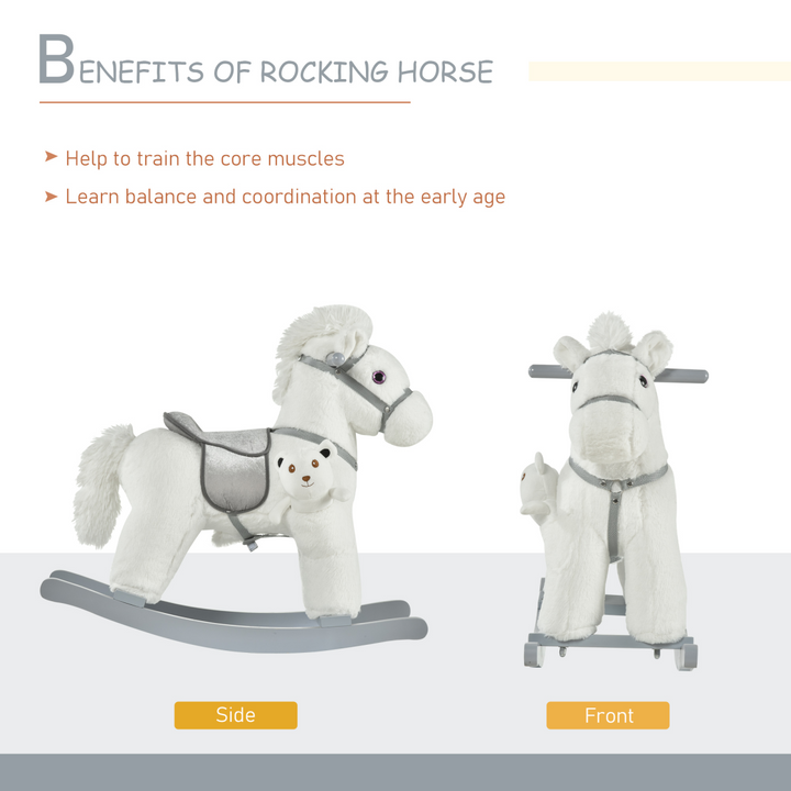 HOMCOM Kids Plush Rocking Horse with Sounds & Teddy – White