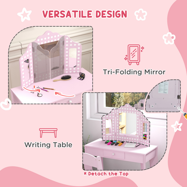 AIYAPLAY Kids Dressing Table & Stool – Pink Tri-Fold Mirror Vanity Set