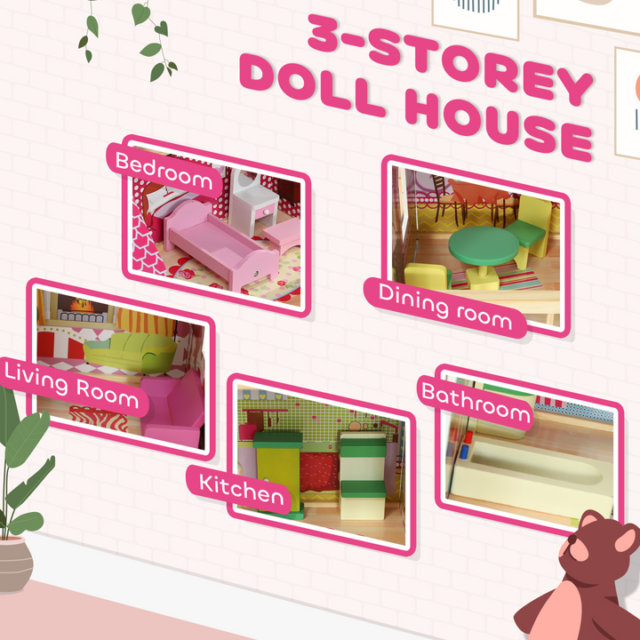 AIYAPLAY 3-Level Dolls House Play Set with 13 Wooden Furniture Pieces – Pink