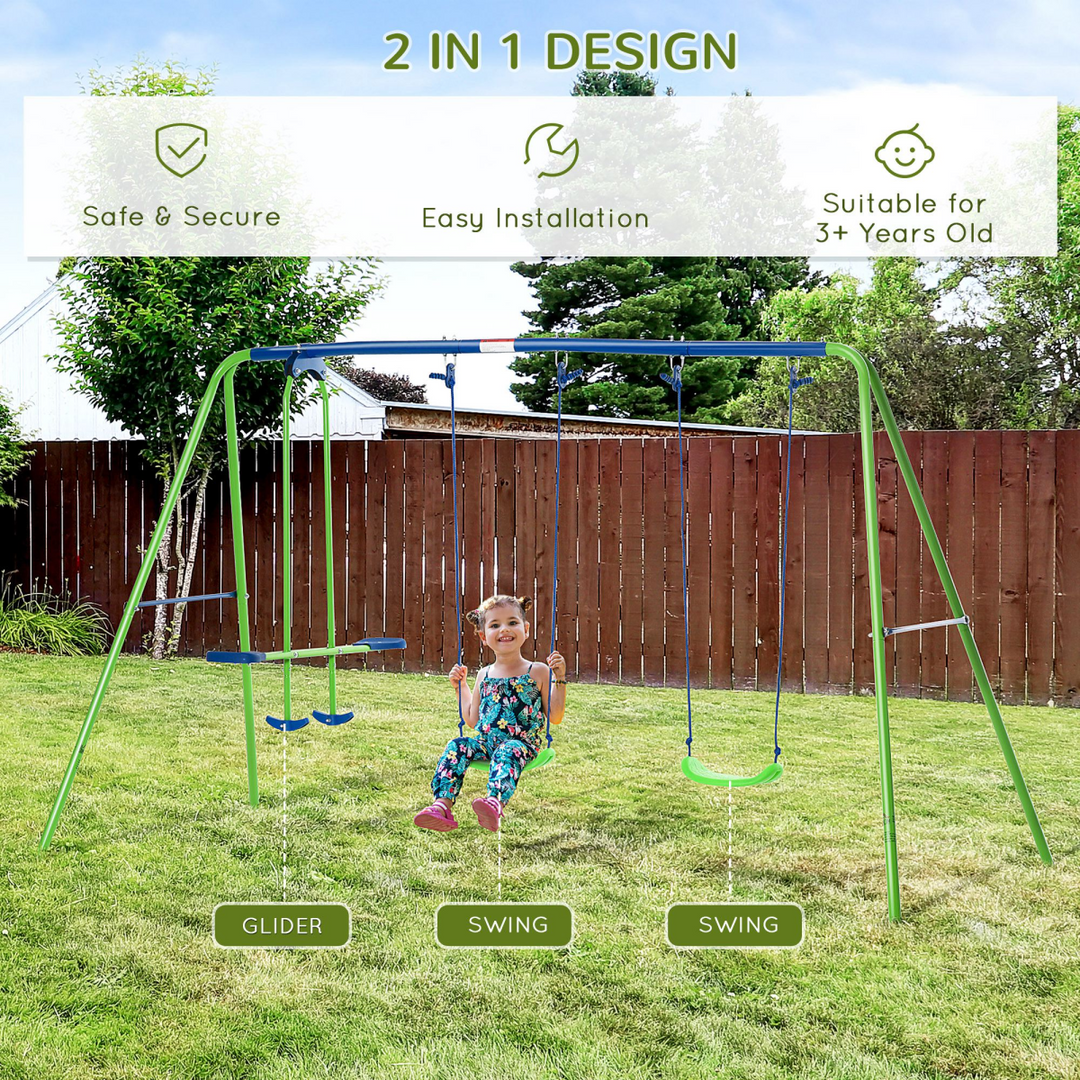 Outsunny 3-in-1 Kids Swing Set with Seesaw - Green