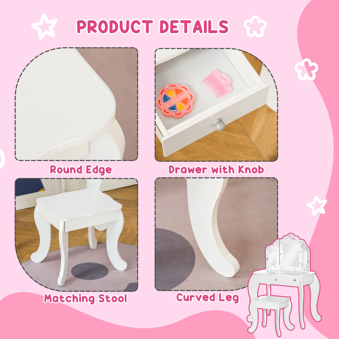 HOMCOM Kids Vanity Table & Chair Set with Tri-Folding Mirror – White