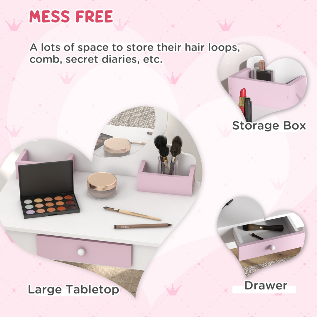 ZONEKIZ Kids Unicorn Dressing Table & Stool – White & Pink Vanity Set