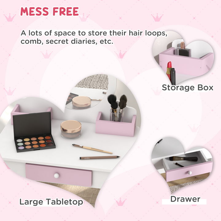 ZONEKIZ Kids Unicorn Dressing Table & Stool – White & Pink Vanity Set