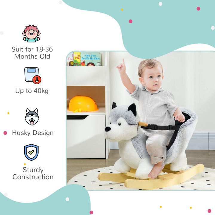 HOMCOM Plush Husky Rocking Toy with Sounds & Safety Belt – Grey