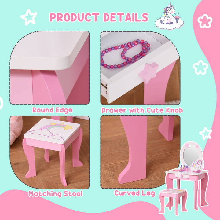 HOMCOM Kids Unicorn Dressing Table & Stool – Pink Vanity Set