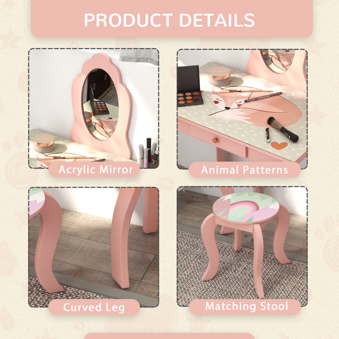 ZONEKIZ Kids Dressing Table & Stool – Pink Animal Vanity Set
