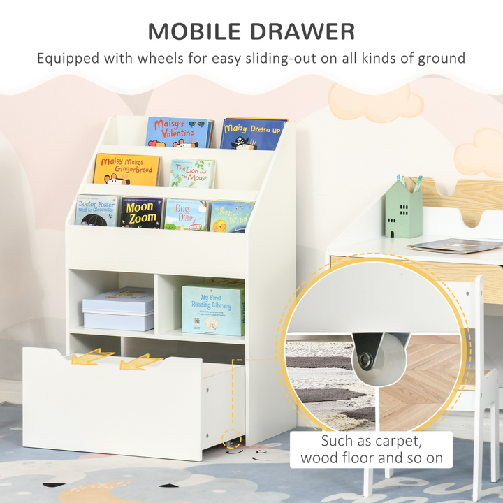 HOMCOM Kids Bookshelf & Toy Organiser with Drawer & Wheels – White