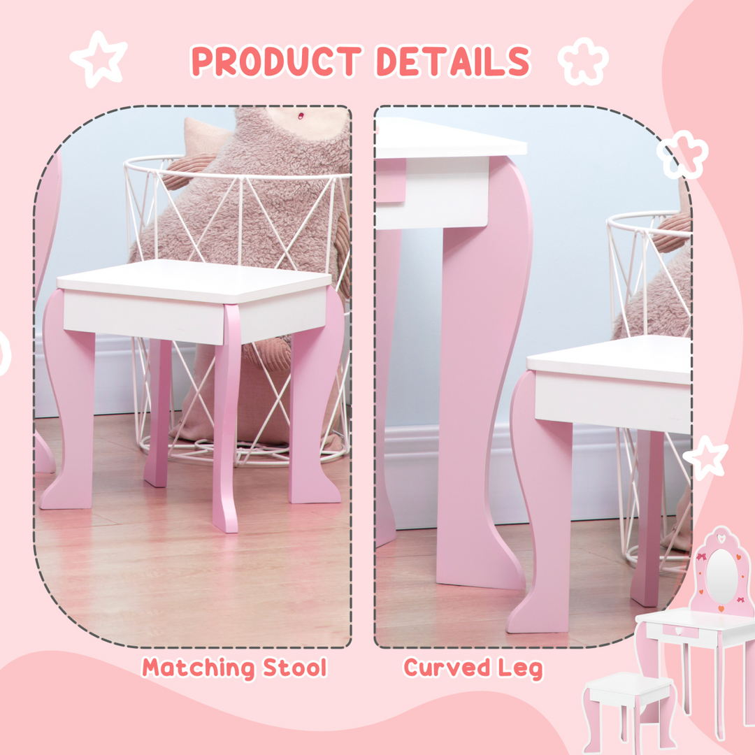 ZONEKIZ Kids Dressing Table & Stool – Pink Princess Vanity Set
