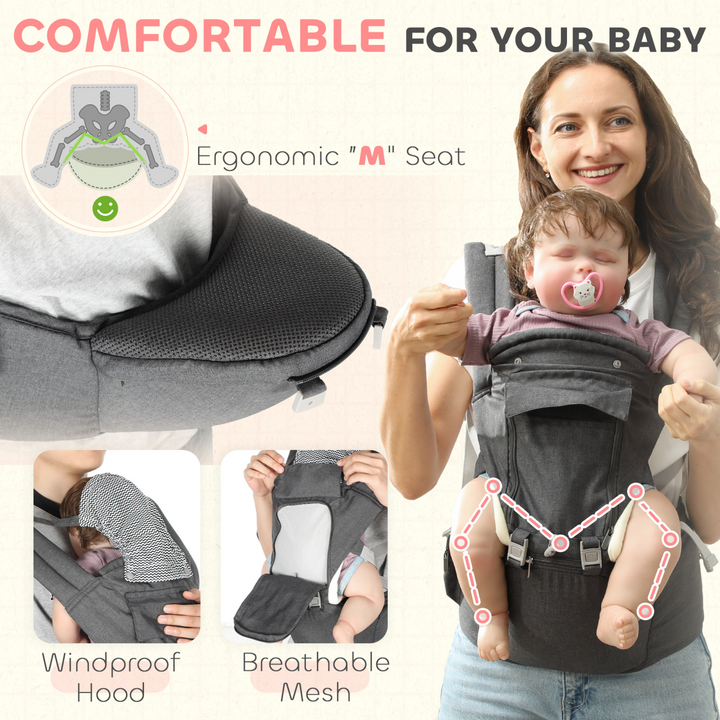 AIYAPLAY 6-in-1 Baby Carrier with Seat – Newborn to Toddler, Grey