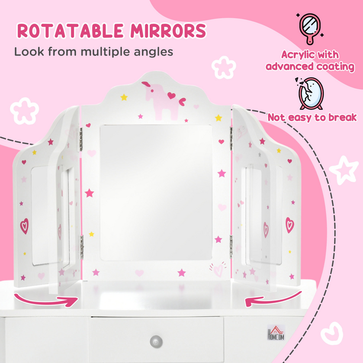 HOMCOM Kids Vanity Table & Chair Set with Tri-Folding Mirror – White