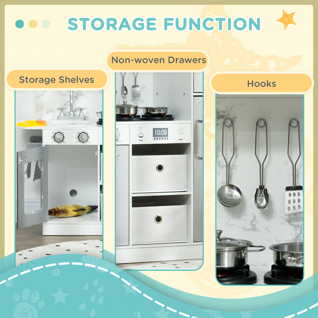 AIYAPLAY Toy Kitchen with Lights, Sounds, Ice Maker & Chef Set – White