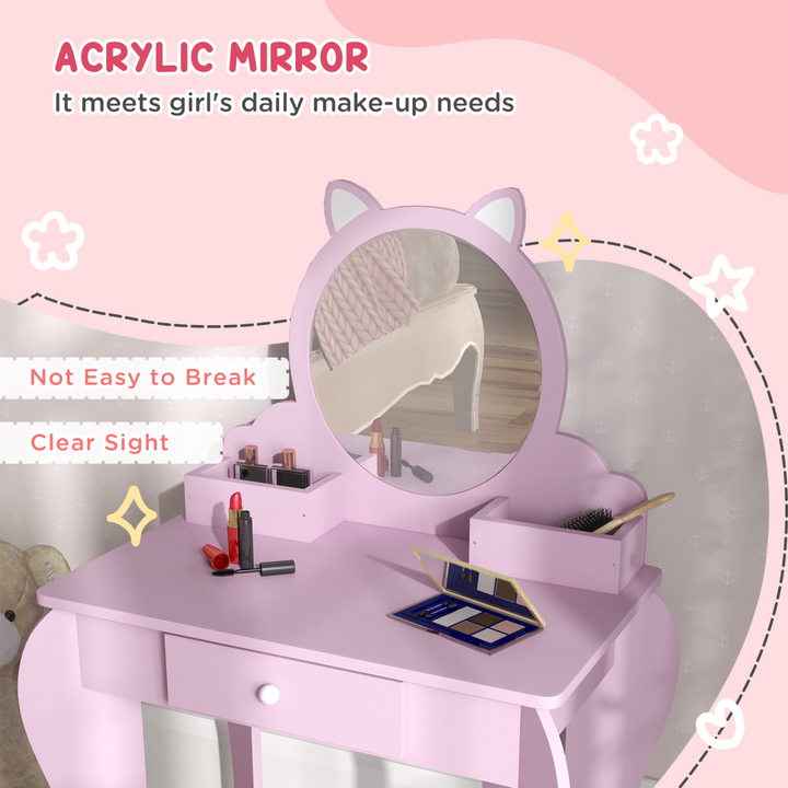 ZONEKIZ Kids Dressing Table & Stool – Pink Cat Vanity Set