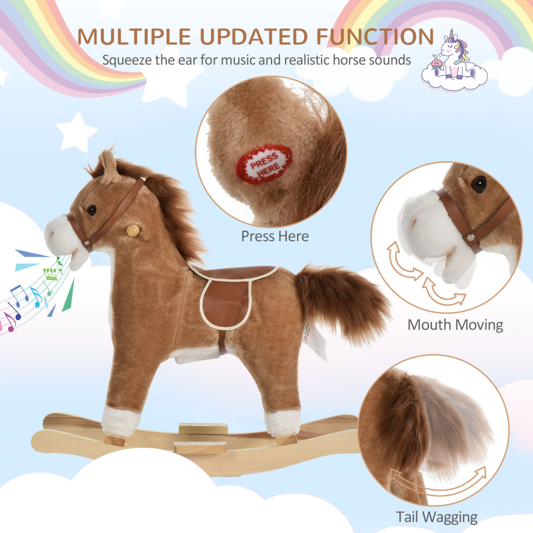 HOMCOM Kids Plush Rocking Horse with Sounds – Brown