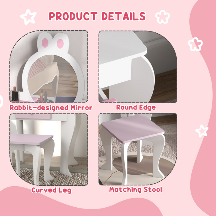 ZONEKIZ Kids Dressing Table & Stool – White & Pink Bunny Vanity Set