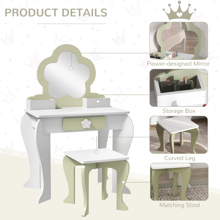 ZONEKIZ Kids Dressing Table & Stool – White Flower Vanity Set