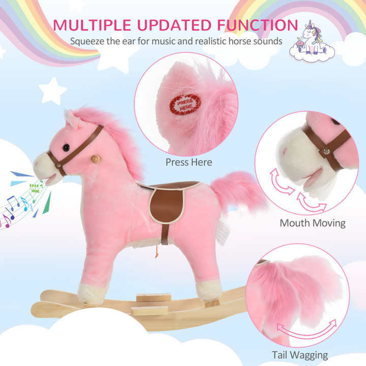 HOMCOM Kids Plush Rocking Horse with Sounds – Pink