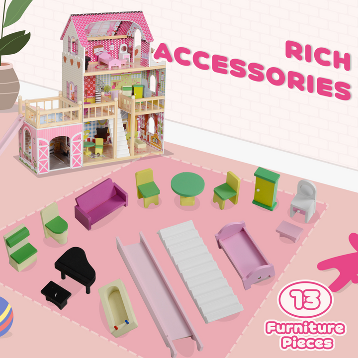 AIYAPLAY 3-Level Dolls House Play Set with 13 Wooden Furniture Pieces – Pink