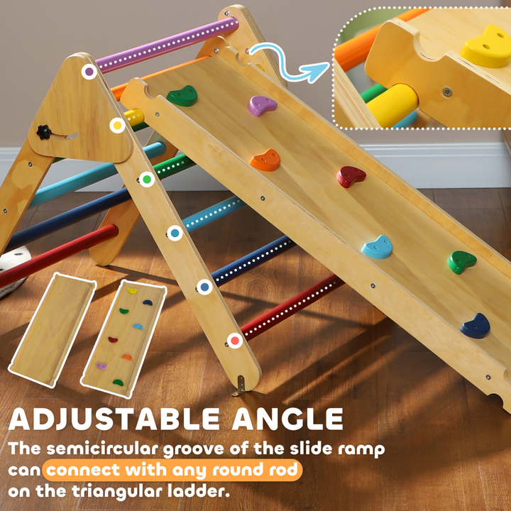 AIYAPLAY Toddler Climbing Frame – 3-in-1 Wooden Pikler Triangle with Ramp – Multicolour