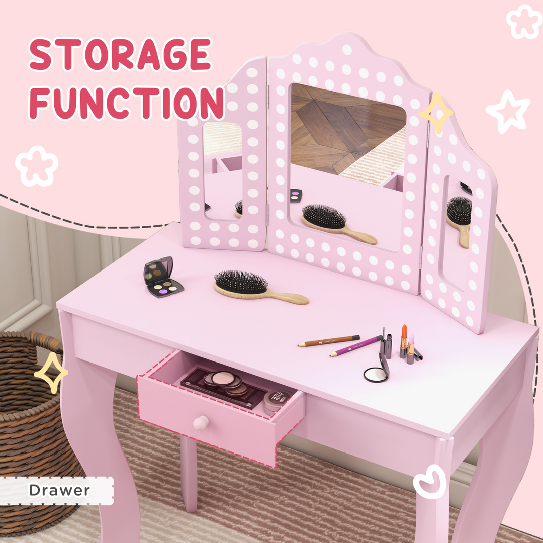 AIYAPLAY Kids Dressing Table & Stool – Pink Tri-Fold Mirror Vanity Set