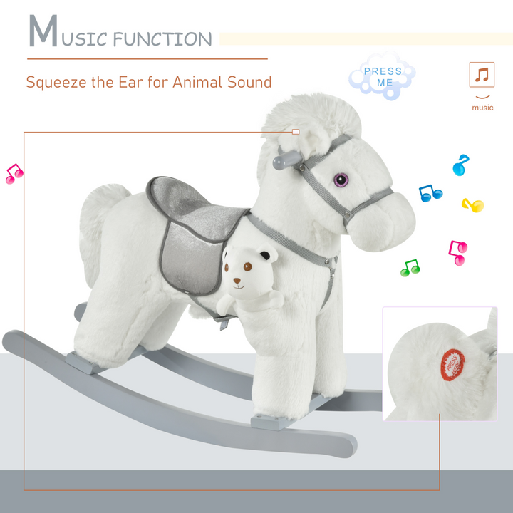 HOMCOM Kids Plush Rocking Horse with Sounds & Teddy – White