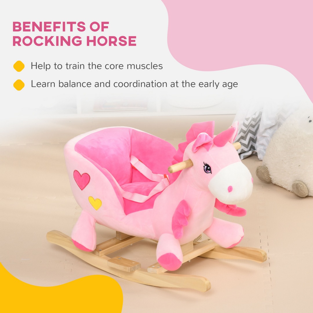 HOMCOM Kids Rocking Unicorn – Pink Plush Ride-On with Music