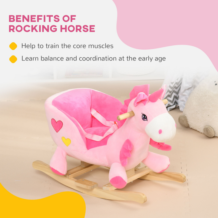 HOMCOM Kids Rocking Unicorn – Pink Plush Ride-On with Music