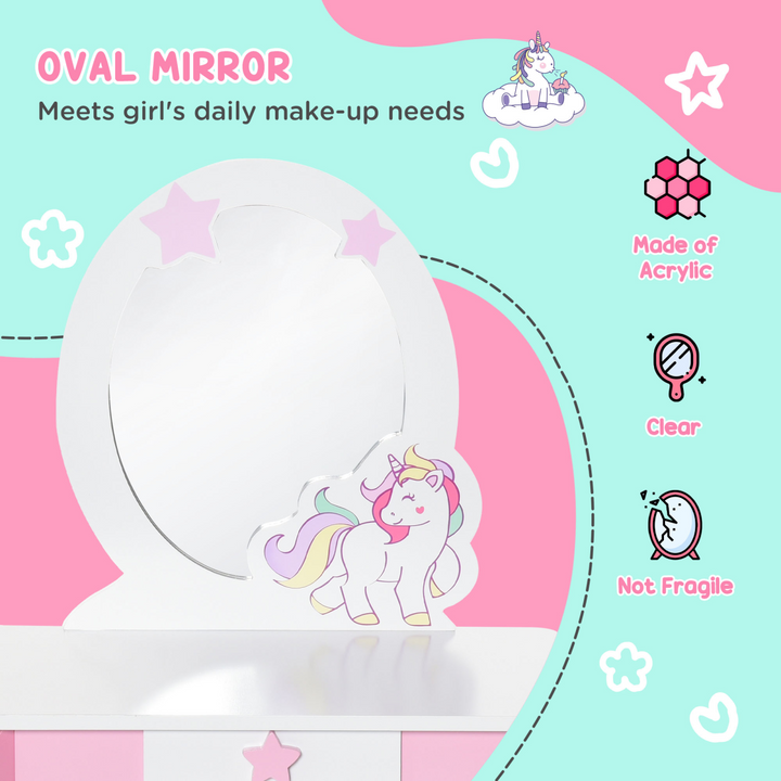 HOMCOM Kids Unicorn Dressing Table & Stool – Pink Vanity Set