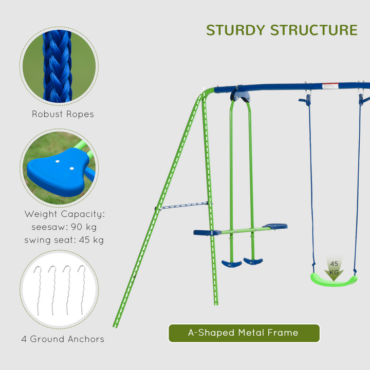 Outsunny 3-in-1 Kids Swing Set with Seesaw - Green