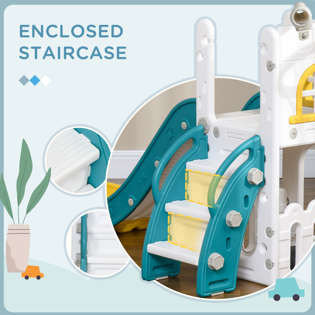 AIYAPLAY 4-in-1 Toddler Slide with Hoop, Telescope & Storage – Yellow