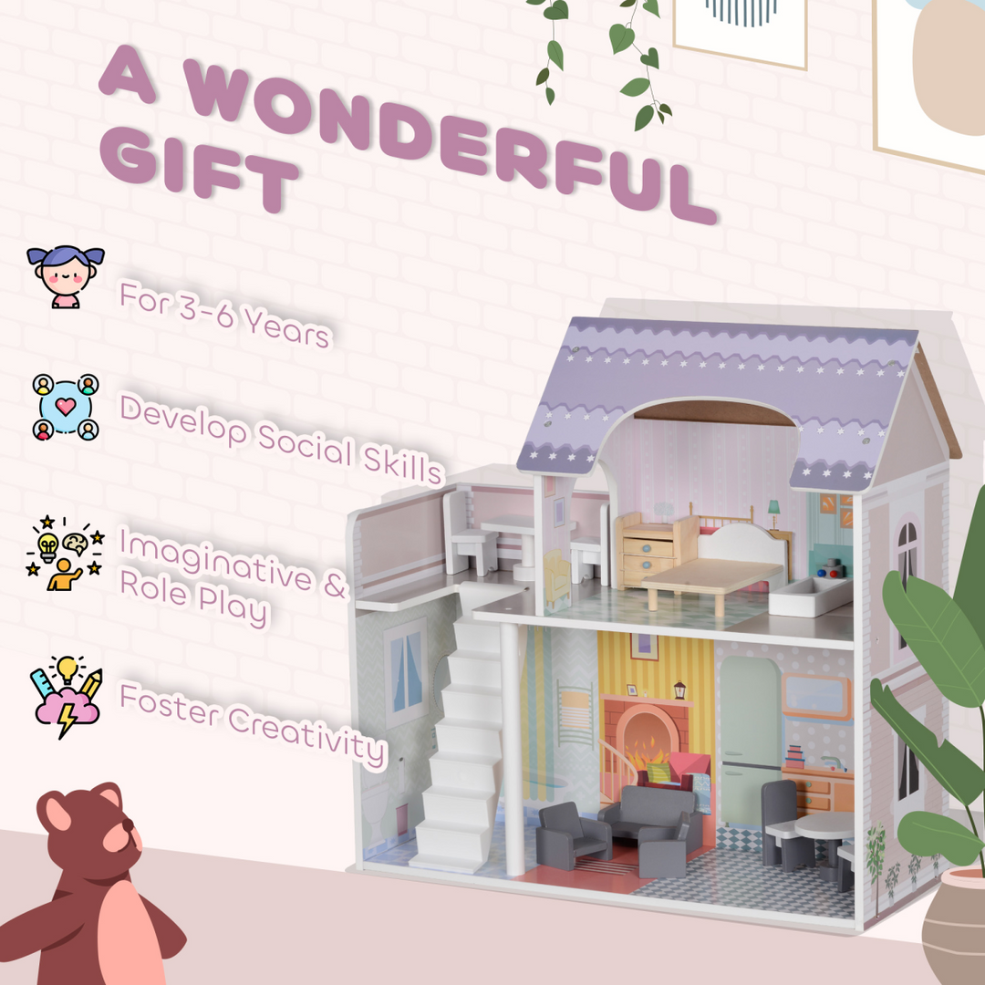 AIYAPLAY 2-Level Dolls House with Balcony &amp; 13 Furniture Pieces – Multicoloured