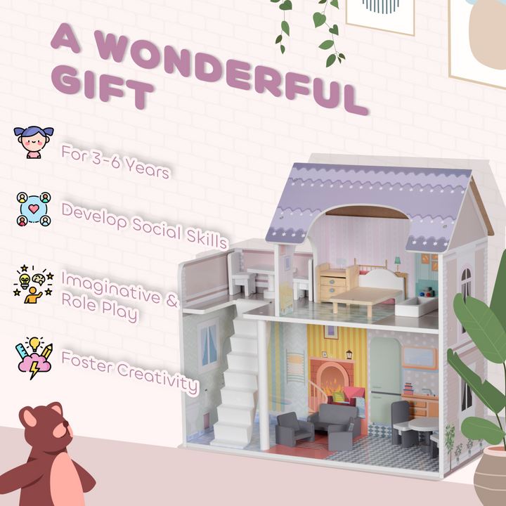 AIYAPLAY 2-Level Dolls House with Balcony &amp; 13 Furniture Pieces – Multicoloured