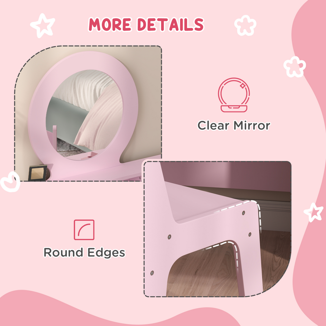 AIYAPLAY Kids Dressing Table & Stool – Pink Oval Mirror Vanity Set