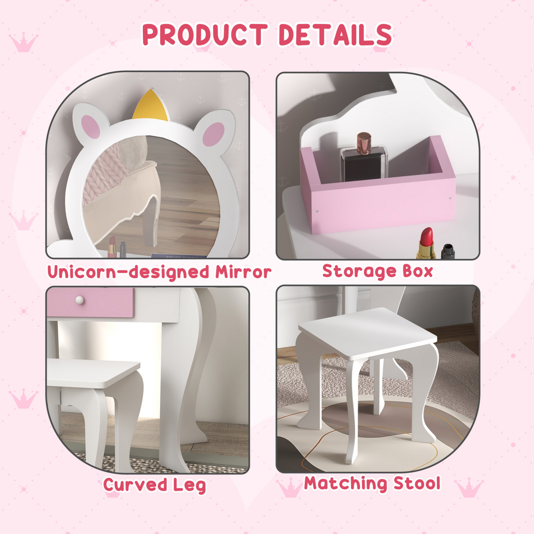 ZONEKIZ Kids Unicorn Dressing Table & Stool – White & Pink Vanity Set
