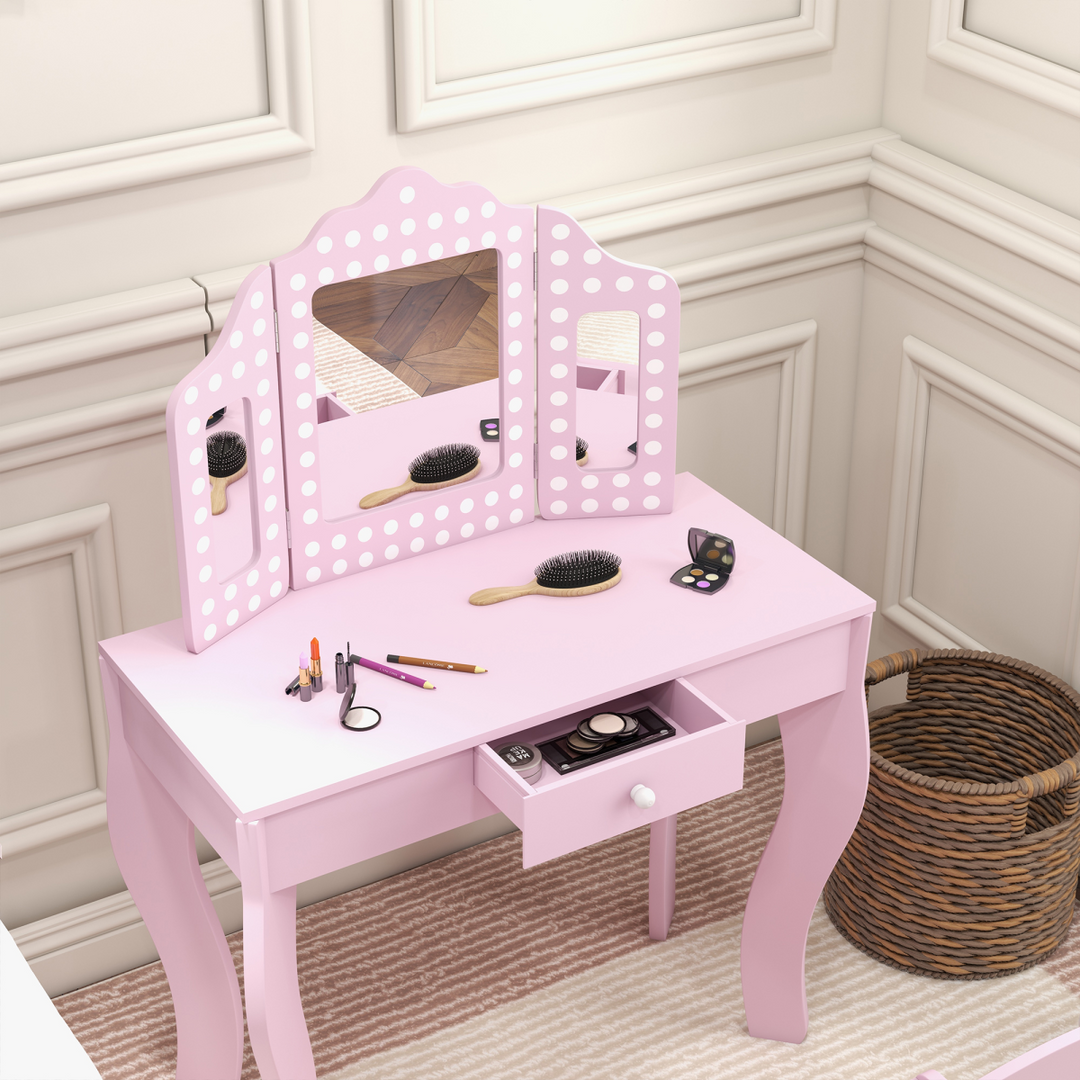 AIYAPLAY Kids Dressing Table & Stool – Pink Tri-Fold Mirror Vanity Set