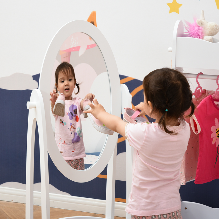 HOMCOM Kids 360° Rotating Full-Length Mirror with Shelf – White | Ages 3–8
