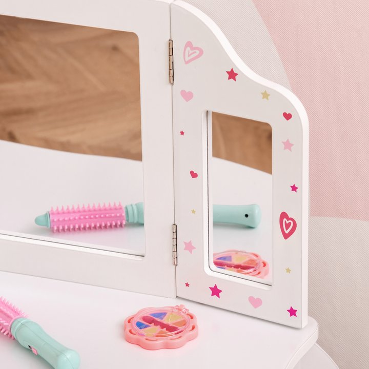 HOMCOM Kids Vanity Table & Chair Set with Tri-Folding Mirror – White
