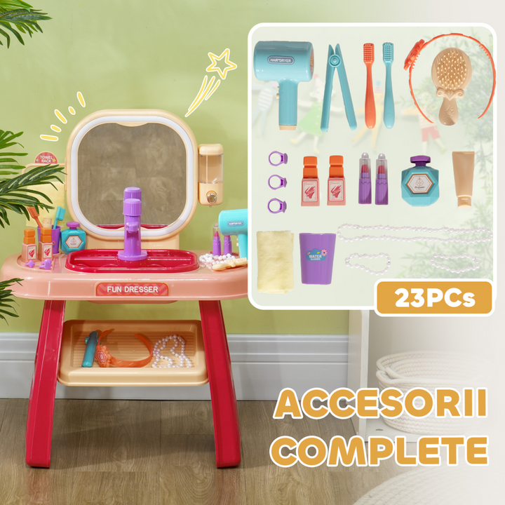 AIYAPLAY Kids Dressing Table with LED Mirror & 23 Accessories – Pink
