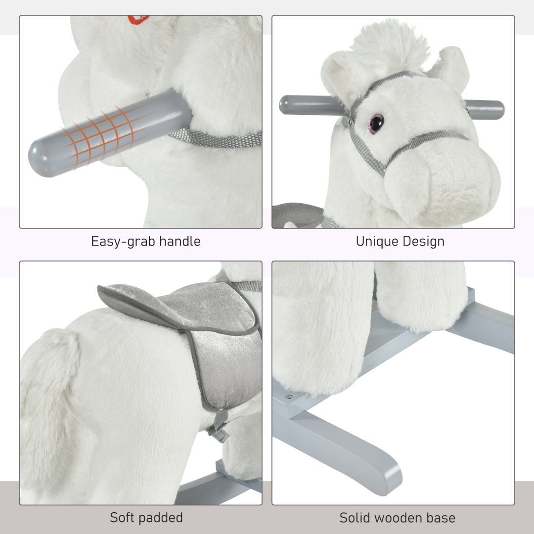 HOMCOM Kids Plush Rocking Horse with Sounds & Teddy – White