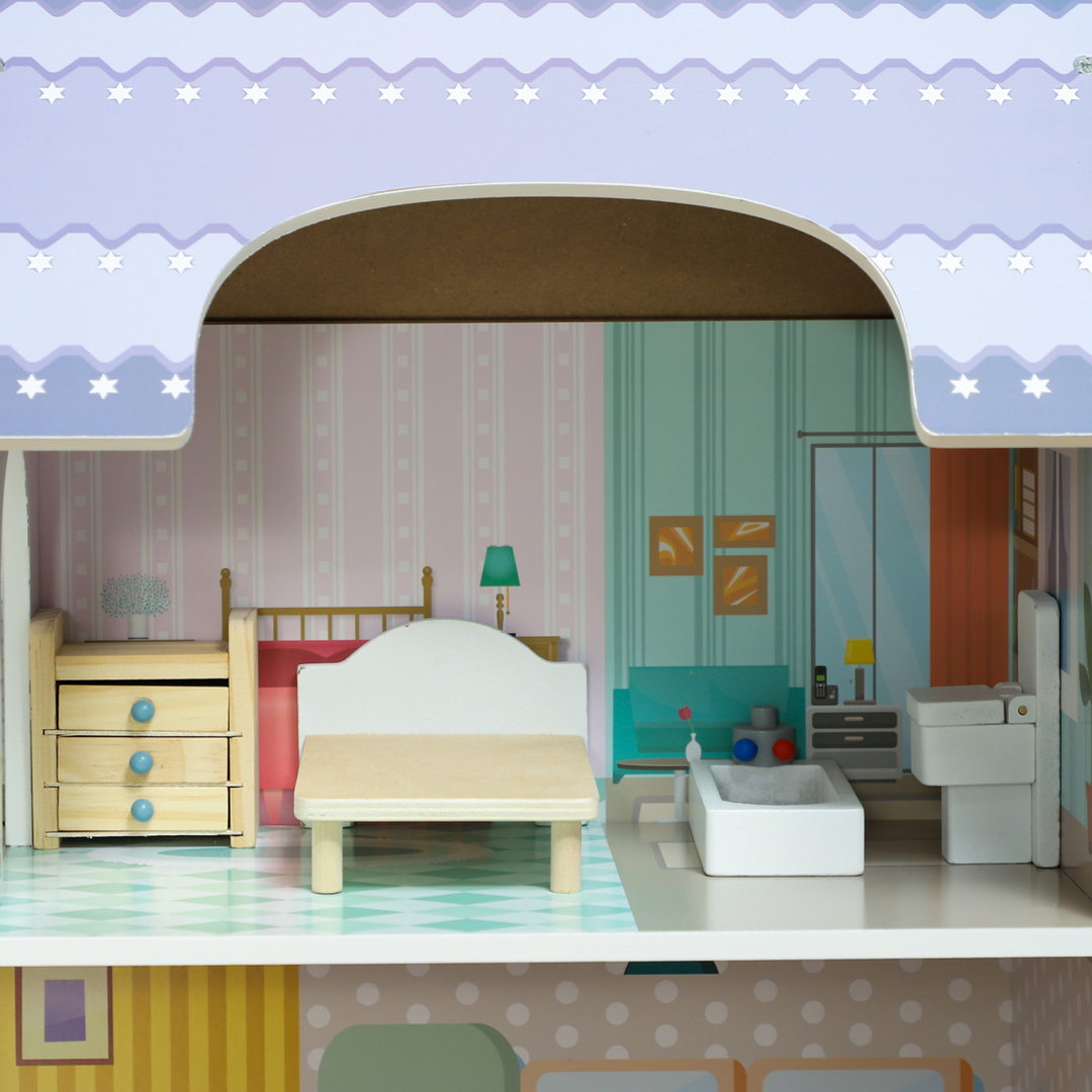 AIYAPLAY 2-Level Dolls House with Balcony &amp; 13 Furniture Pieces – Multicoloured