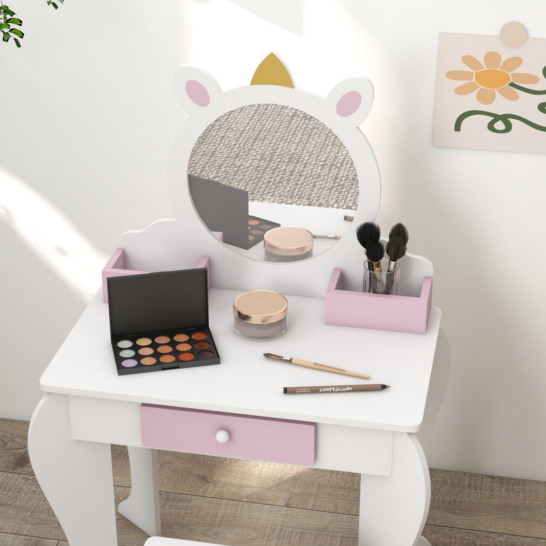 ZONEKIZ Kids Unicorn Dressing Table & Stool – White & Pink Vanity Set