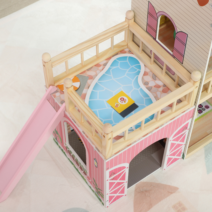 AIYAPLAY 3-Level Dolls House Play Set with 13 Wooden Furniture Pieces – Pink