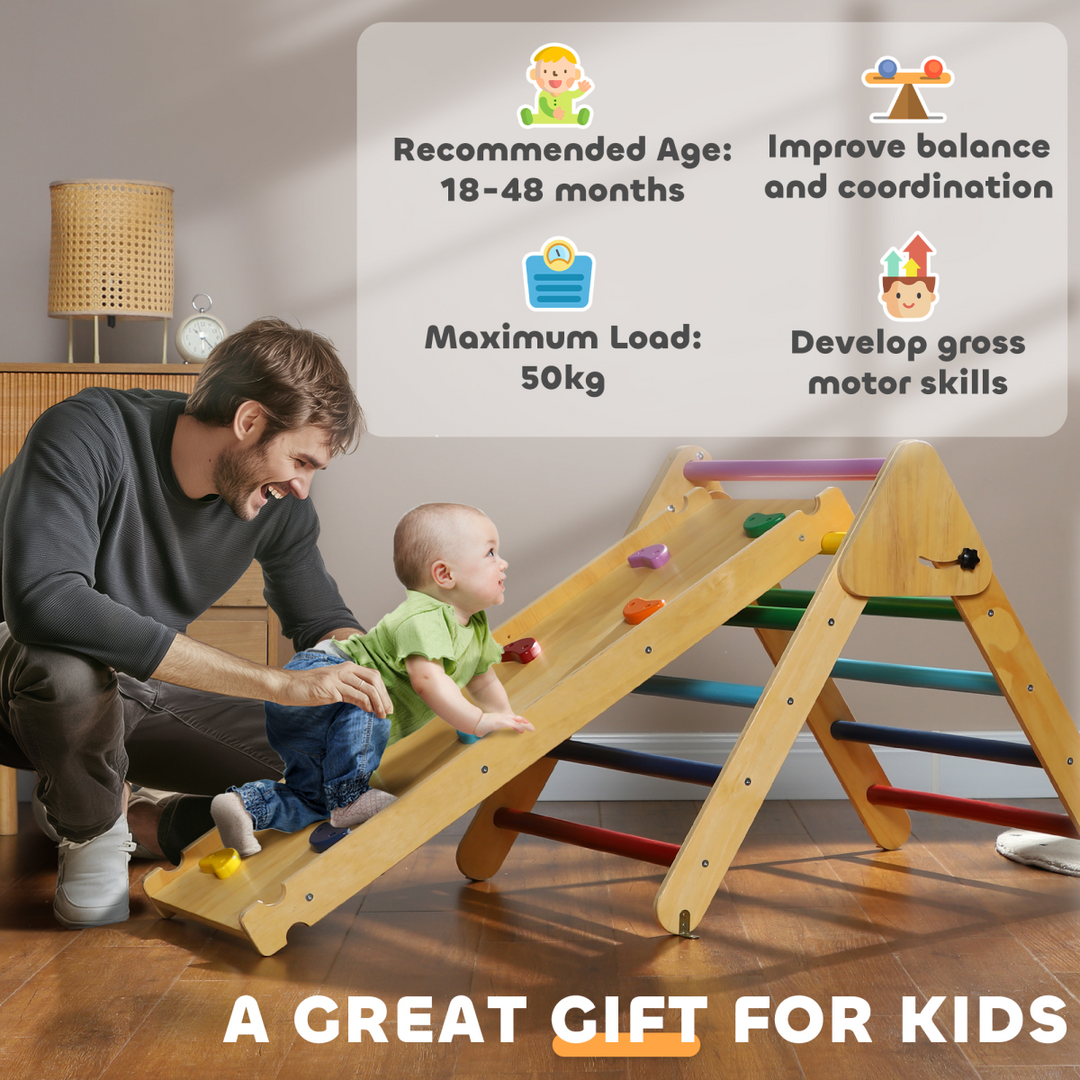 AIYAPLAY Toddler Climbing Frame – 3-in-1 Wooden Pikler Triangle with Ramp – Multicolour