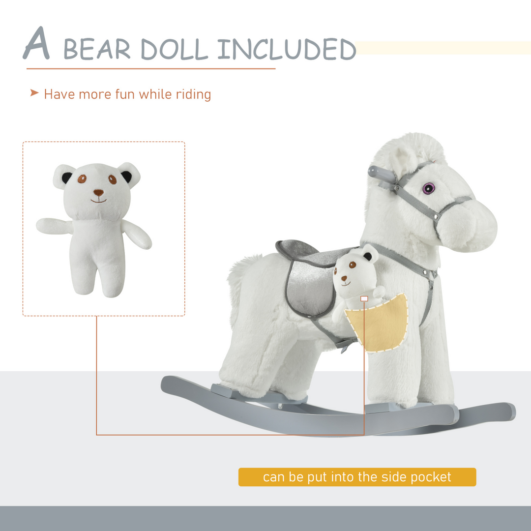 HOMCOM Kids Plush Rocking Horse with Sounds & Teddy – White
